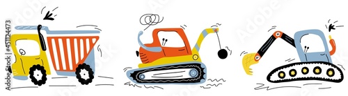 Set of cute, cartoon, construction vehicles. Truck, destruction machine, excavator isolated on white background. Vector illustration of doodle style, hand drawn, design for children's product.