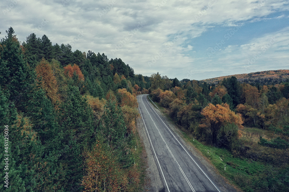 autumn road top view, landscape in autumn with drone