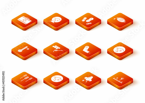 Set Wheat, Man with excessive sweating, Medical digital thermometer, Honeycomb honey dipper, Runny nose, Inhaler, Mold and icon. Vector