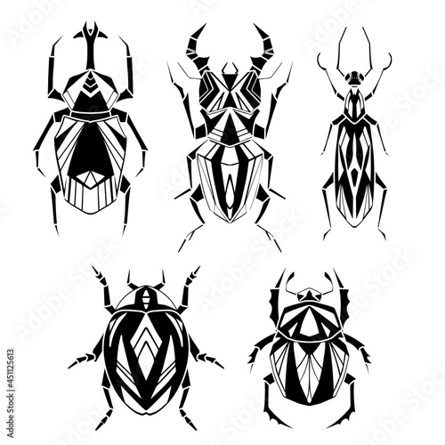 Set of geometric monochrome insects with poly decorations. Vector black silhouette of geometrical stag beetle, flying ant, ladybug, bedbug in retro colors. Stylish print bugs for logo