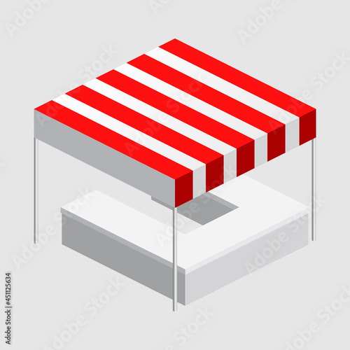 Isometric market stall, tent. Street awning canopy kiosk, counter, white red strings for fair, street food, market, grocery goods. Vector isolated