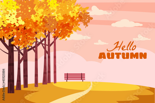 Autumn landscape city park with text Hello Autumn. Fall, trees in yellow orange foliage, alley, path, bench. Vector background illustration, poster