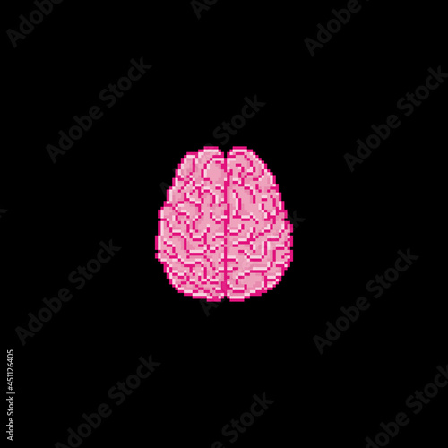 Pixel art bloody brain icon. Human brain illustration in retro gaming style for halloween decoration or game assets.