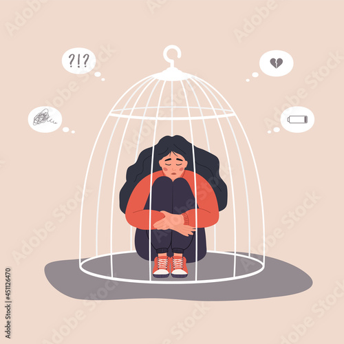 Woman locked in cage. Unhappy female character sitting on floor and hugging knees. Female empowerment movement. Vector illustration in cartoon style.