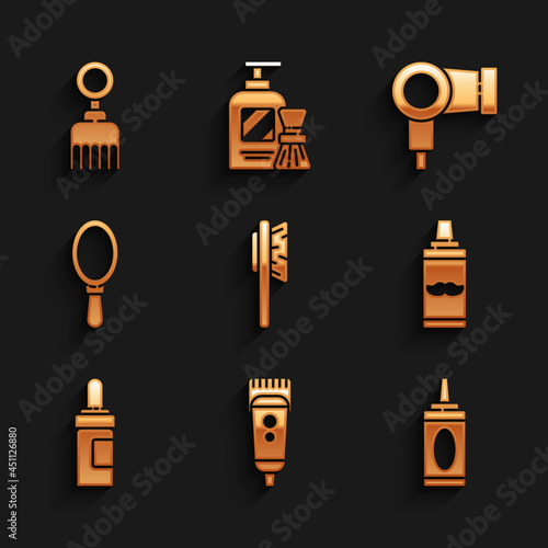 Set Hairbrush  Electrical hair clipper or shaver  Bottle of shampoo  Shaving gel foam  Beard and mustaches care oil bottle  Hand mirror  dryer and icon. Vector