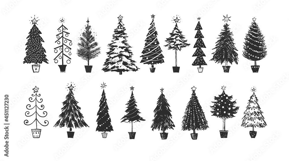 Collection of simple doodle christmas trees on white background.