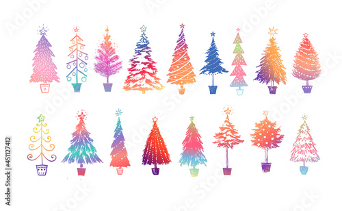 Set of doodle rainbow christmas trees on white background.