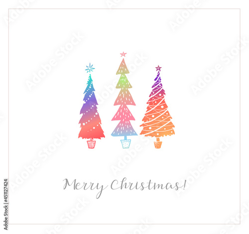 Simple Christmas greeting card with ranbow christmas trees on white background.