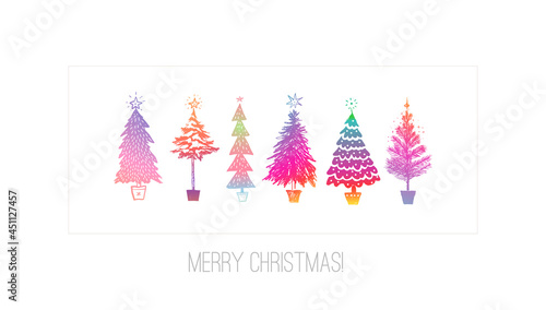 Christmas greeting card with ranbow christmas trees on white background.