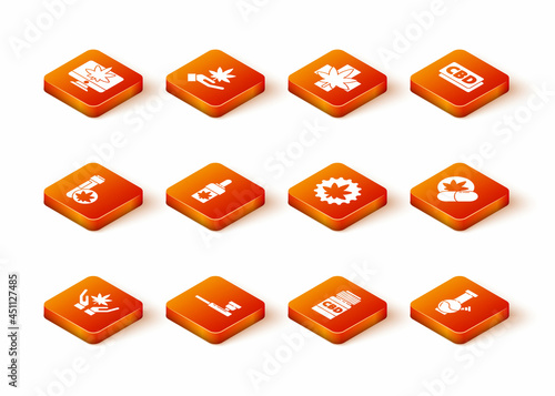 Set Marijuana or cannabis leaf, Smoking pipe, Chemical test tube with marijuana, olive oil, Medical bottle, Glass bong for smoking and Herbal ecstasy tablets icon. Vector