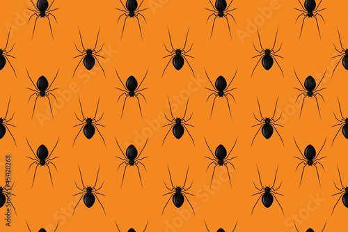 Vector realistic isolated seamless pattern with hanging spiders for decoration and covering on the Orange background. Creepy background for Halloween. illustrator