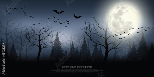 A scary forest with a mist curtain Lonely atmosphere Halloween festival background illustration.