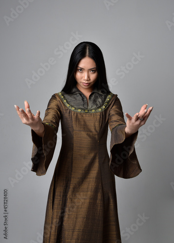Schilderij op canvas Close up  portrait of beautiful young asian woman with long hair wearing medieval fantasy gown