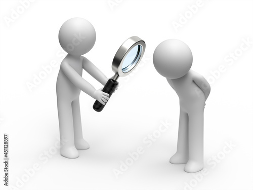 Two 3d people searching with a magnifying glass. 