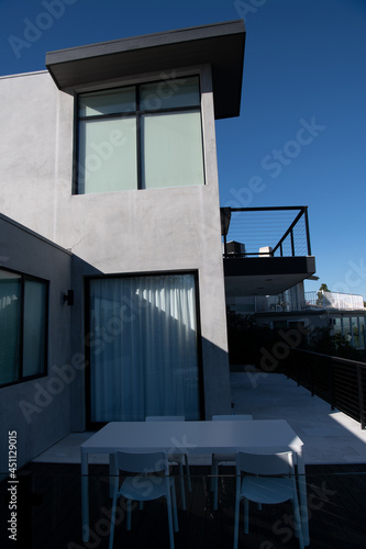 In a nice building, and the sky.