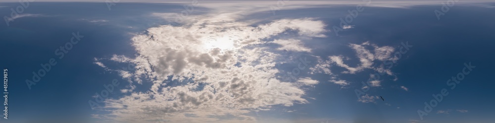 Blue sky panorama with Cirrus clouds. Seamless hdr 360 degree pano in spherical equirectangular format. Complete zenith for 3D visualization, game and sky replacement for aerial drone 360 panoramas. Blue sky panorama with Cirrus clouds. Seamless hdr 360 degree pano in spherical equirectangular format. Complete zenith for 3D visualization, game and sky replacement for aerial drone 360 panoramas.