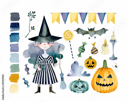 Halloween witch with pumpkins coven watercolor elements set