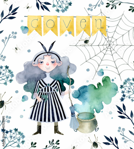 Coven witch with cauldron watercolor poster template 