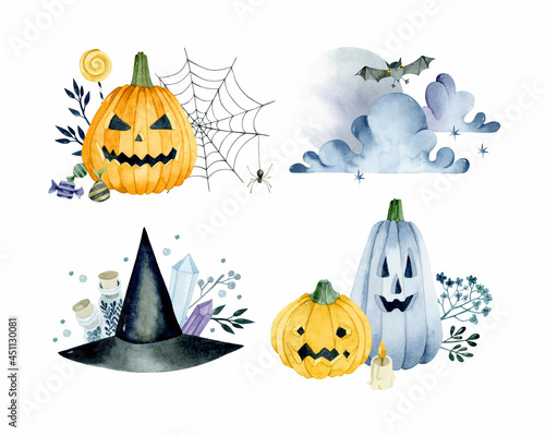 Halloween pumpkin watercolor isolated compositions set