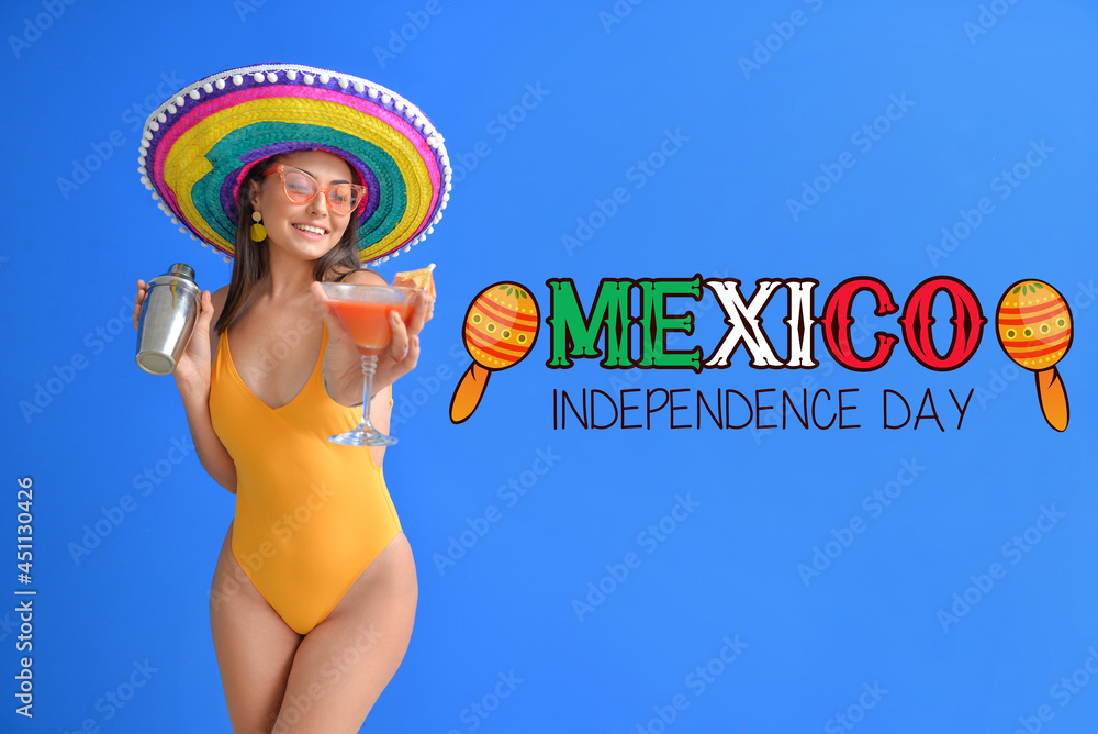 Φωτογραφία Greeting card for Independence day of Mexico with beautiful young woman in sombr