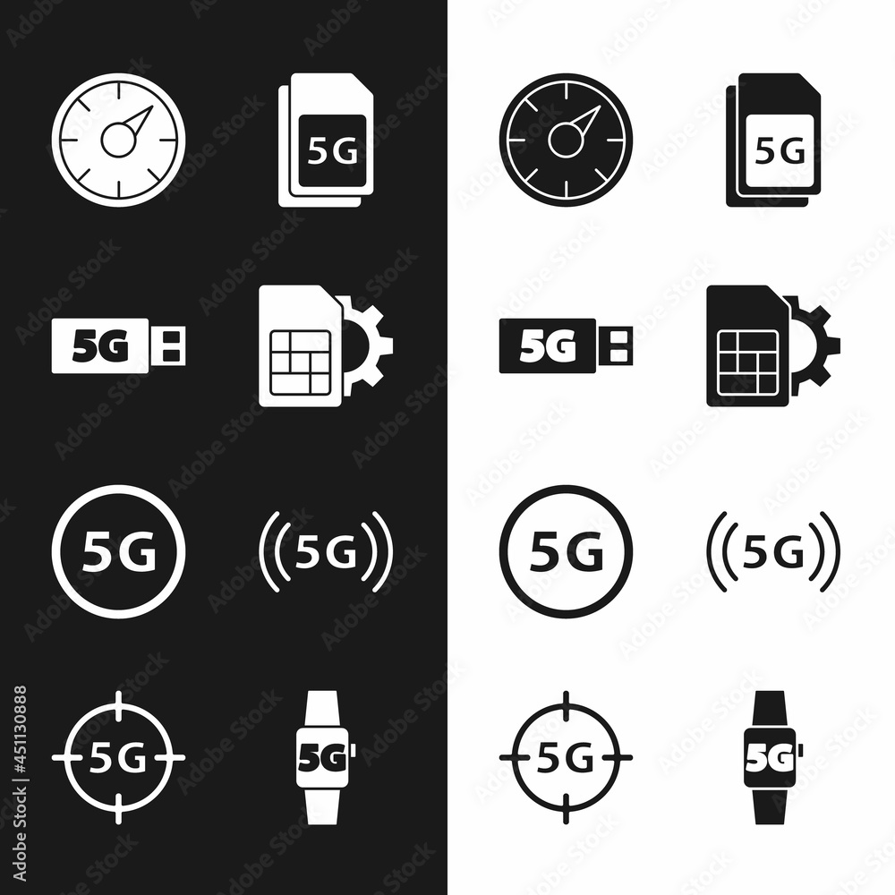 Fototapeta premium Set Sim card setting, 5G modem, Digital speed meter, Card, network, Smart watch and icon. Vector