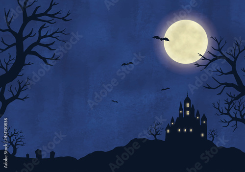 ハロウィン満月と洋館の景色水彩