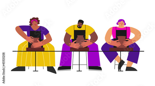 Vector flat illustration about workshop in clay studio. Adult groups of people (women and African American man) make ceramic dishes on wheel throwing. Pottery class is creative hobby and art therapy