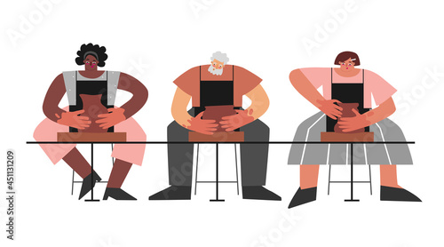 Vector flat concept. Workshop in clay studio. Adult group of people (African American and Latin women and old man) makes ceramic dishes on wheel throwing. Pottery class is creative hobby, art therapy
