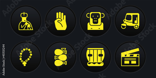 Set Rosary beads religion, Taxi tuk tuk, Tandoori chicken, Instrument tabla, Monkey, Indian symbol hand, Bollywood indian cinema and man plays flute icon. Vector