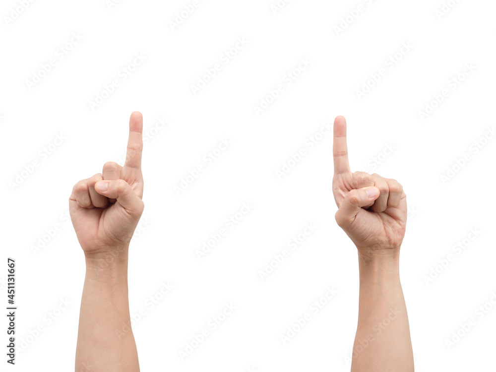 Hand double point finger up white isolated Hand double point finger up white isolated