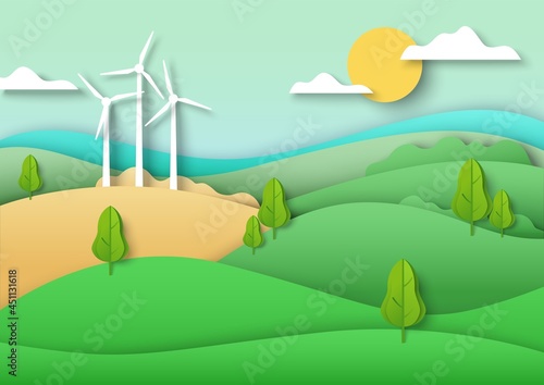 Green hills landscape, vector paper cut illustration. Summer rural scene. Countryside nature scenery.