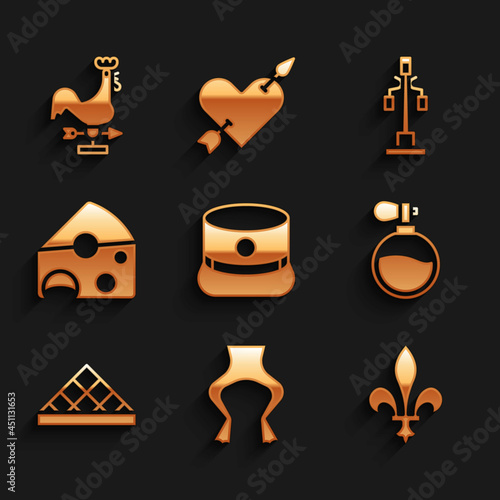 Set Kepi, Frog legs, Fleur De Lys, Perfume, Louvre museum, Cheese, Street light and Rooster weather vane icon. Vector