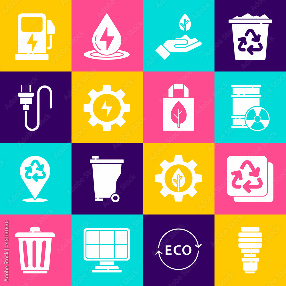 Set LED light bulb, Recycle, Radioactive waste in barrel, Plant hand, Gear lightning, Electric plug, car charging station and Shopping bag with recycle icon. Vector Set LED light bulb, Recycle, Radioactive waste in barrel, Plant hand, Gear lightning, Electric plug, car charging station and Shopping bag with recycle icon. Vector