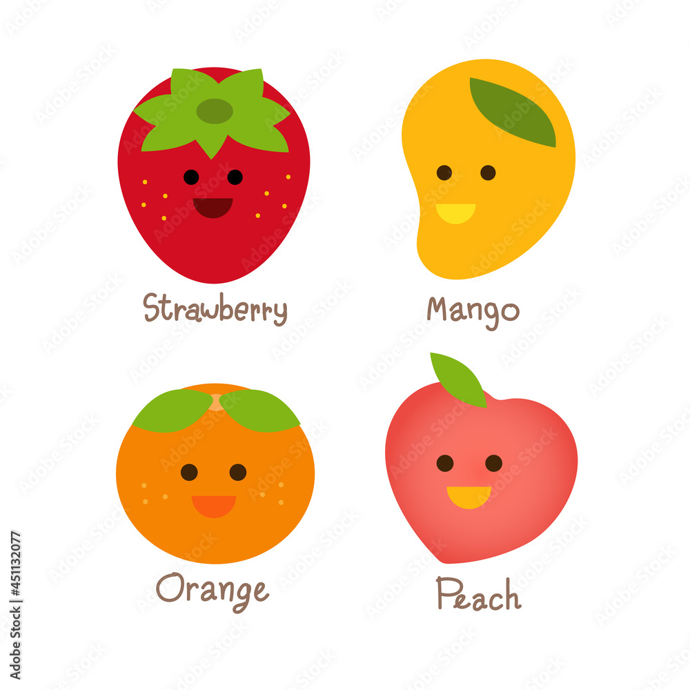 Fototapeta premium cute fruit collection cartoon characters set. strawberry, orange, mango, peach.