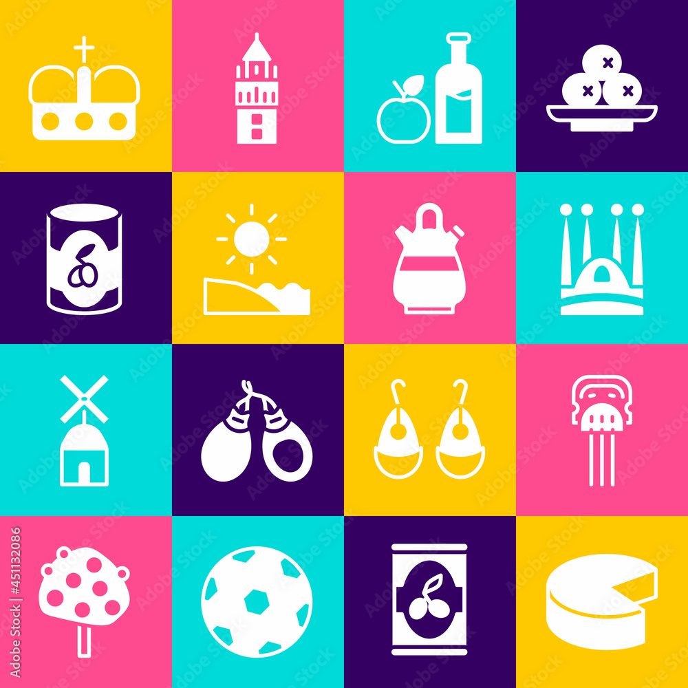 Set Cheese, Peineta, Sagrada Familia, Apple cider bottle, Beach, Olives can, Crown of spain and Sangria pitcher icon. Vector Set Cheese, Peineta, Sagrada Familia, Apple cider bottle, Beach, Olives can, Crown of spain and Sangria pitcher icon. Vector