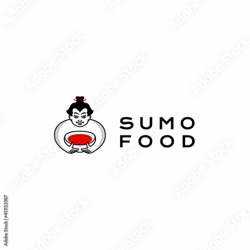 Japanese Sumo wrestlers. Sumo fighter with a bowl of food, japanese food logo design inspiration