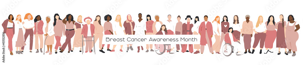 Breast cancer awareness month concept. Women of different ethnicities stand side by side together. Flat vector illustration. Breast cancer awareness month concept. Women of different ethnicities stand side by side together. Flat vector illustration.