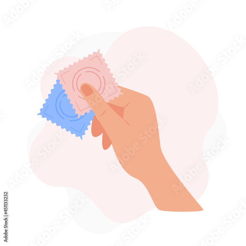 Person holding in hand pair of different condoms. Contraception and birth control methods concept. Condom for safe sex. Vector flat style illustration with blobs on background.