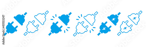 Electric plug icons. Connection, socket with a plug, icons. unplugged electric plug with socket. Vector illustration. Set
