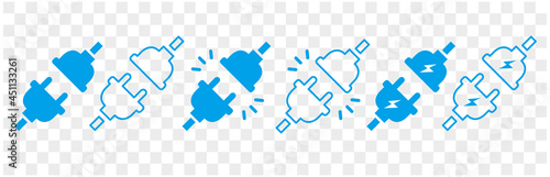 Electric plug icons. Connection, socket with a plug, icons. unplugged electric plug with socket. Vector illustration. Set