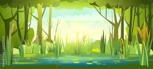 Summer forest landscape with a pond. Bank of a river or lake. Morning sunrise. Trees and thickets. Sky with clouds. Swamp illustration. Flat style. Water waves. Vector