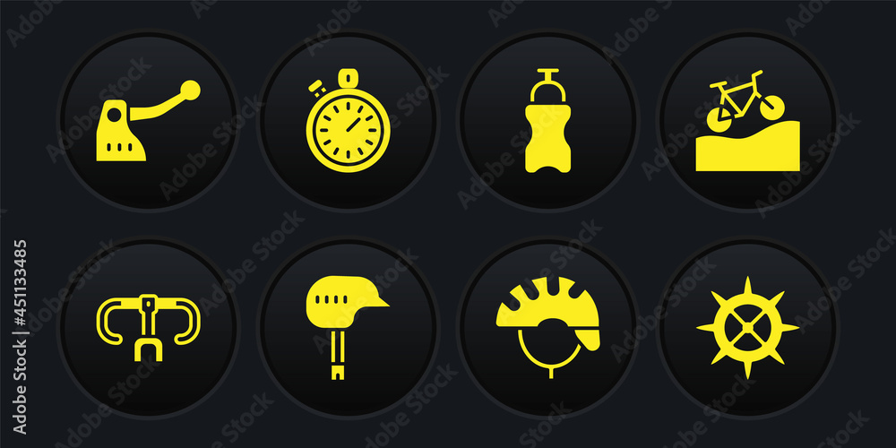 Set Bicycle handlebar, Mountain bicycle, helmet, Sport bottle with water, Stopwatch, sprocket crank and brake icon. Vector Set Bicycle handlebar, Mountain bicycle, helmet, Sport bottle with water, Stopwatch, sprocket crank and brake icon. Vector