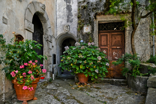 The facade of an old house in the historic center of Maratea, a medieval town in the Basilicata region, Italy.