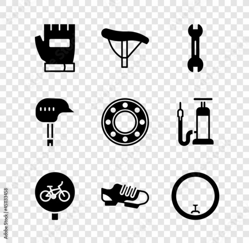 Set Gloves, Bicycle seat, Wrench spanner, shoes, wheel, helmet and ball bearing icon. Vector