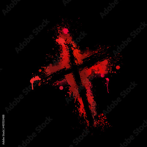 Red bloody cross. Cross made of Red blots. Happy easter. Vector illustration