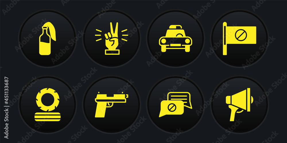 Set Lying burning tires, Protest, Pistol or gun, Speech bubble chat, Police car and flasher, Hand showing two finger, Megaphone and Cocktail molotov icon. Vector Set Lying burning tires, Protest, Pistol or gun, Speech bubble chat, Police car and flasher, Hand showing two finger, Megaphone and Cocktail molotov icon. Vector