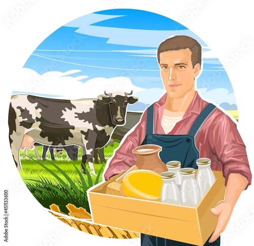 Farmer with a box of dairy products: milk, cheese, cream. Bottles, jug. Against the backdrop of a rural landscape with cows, grass, wheat and pastures. Flat style. Isolated illustration. Vector