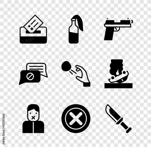Set Vote box, Cocktail molotov, Pistol or gun, Censor and freedom of speech, X Mark, Cross in circle, Military knife, Speech bubble chat and Hooligan shooting stones icon. Vector