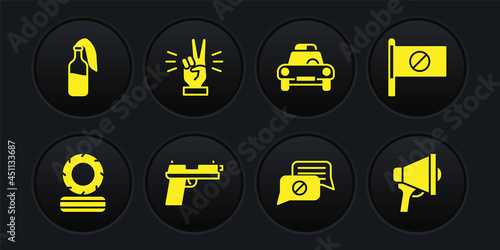 Set Lying burning tires, Protest, Pistol or gun, Speech bubble chat, Police car and flasher, Hand showing two finger, Megaphone and Cocktail molotov icon. Vector