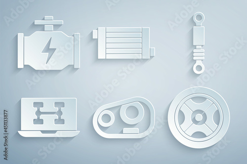 Set Car headlight, Shock absorber, Diagnostics condition of car, wheel, radiator cooling system and Check engine icon. Vector